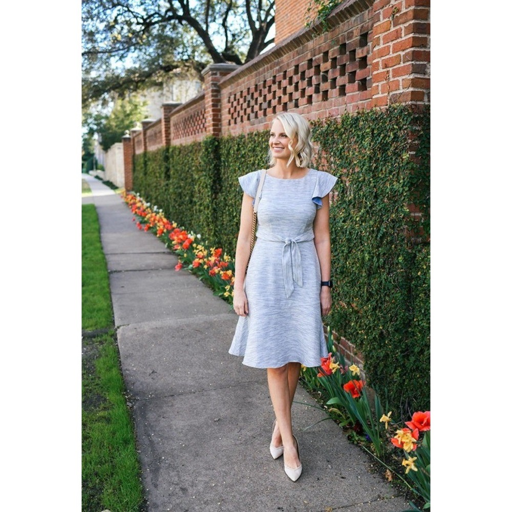 GAL MEETS GLAM‎ COLLECTION Tweed Fit Flare Dress Blue White Bow Belt Size 6